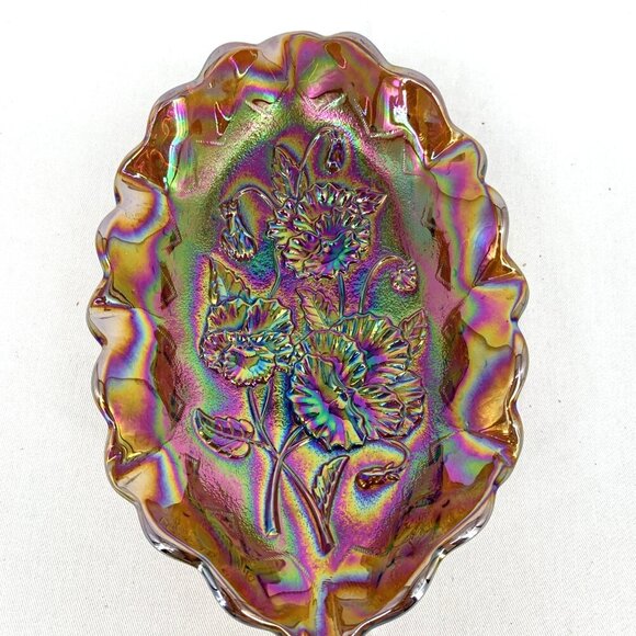 Imperial Carnival Glass Poppy Pansy Pickle Dish Quilted Amethyst 9.25" - Picture 6 of 7